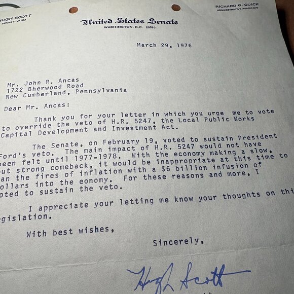 1976 Hugh Scott Signed Autograph Letter – Pennsylvania Senator – Mar 29, 1976 - Picture 1 of 1